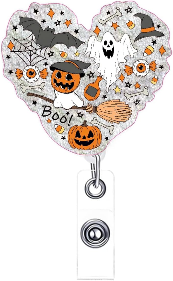 NSSHEL Halloween Ghost Badge Reel Fun Halloween Retractable ID Badge Reel for Nurse, Heart Shape Acrylic Pumpkin Badges Holder with Alligator Clip Fun Holiday Gifts for Nurses Medical Assistant Nursing Staff - Image 1